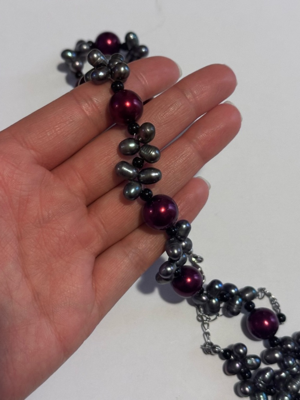 Women's Burgundy Gray Pearl Cluster Necklace Handmaid
